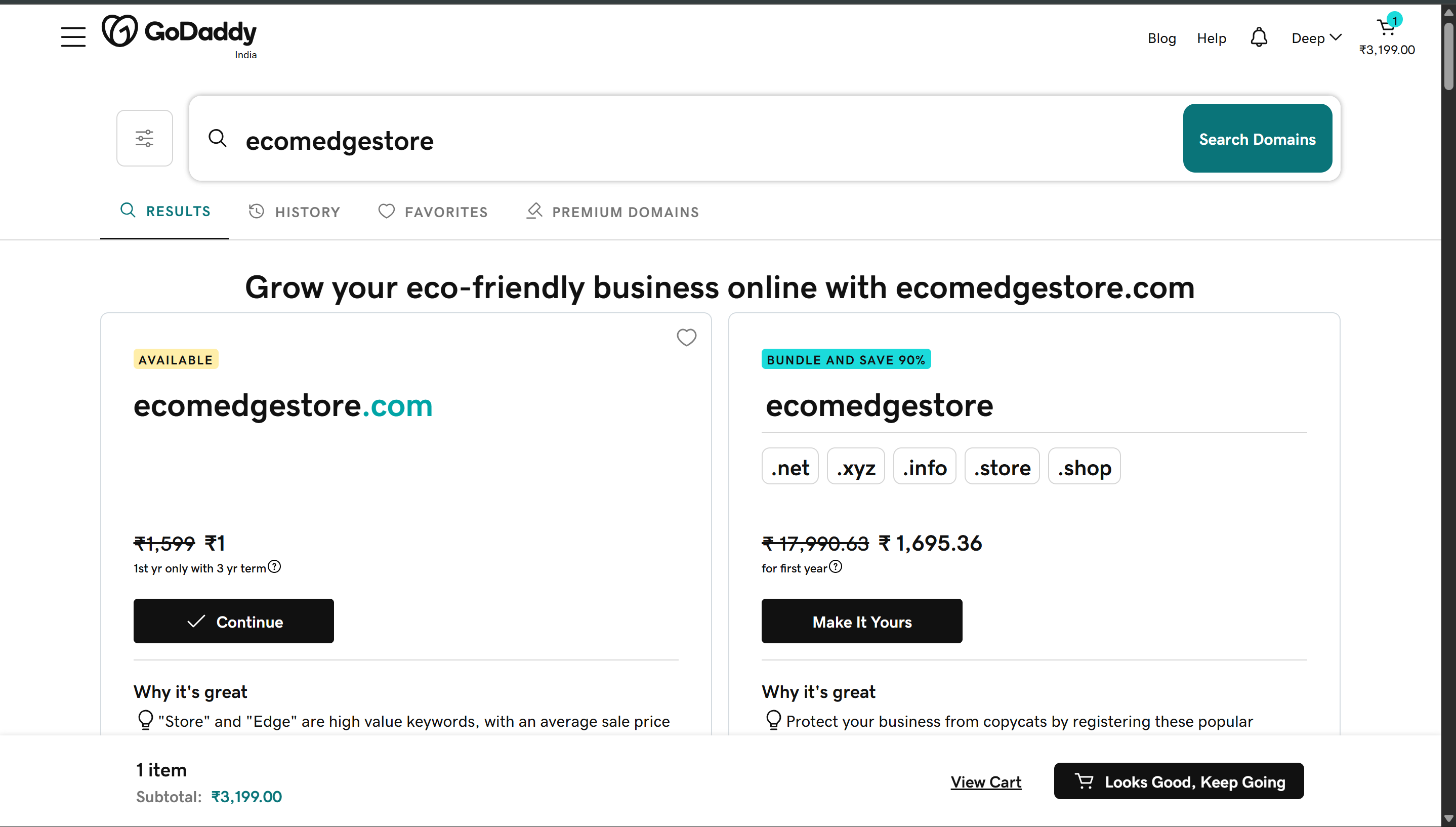 GoDaddy — domain available, click Continue